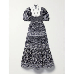 Sea 'Jasper' Black Cotton Tiered Shirred Floral-Print Cotton-Poplin Midi Dress L